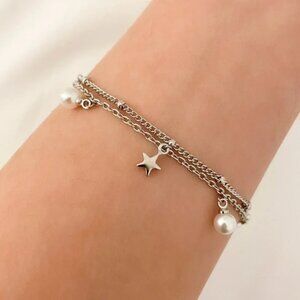 925 Sterling Silver Pearl & Star Multi Layer Bracelet Dainty Bracelet